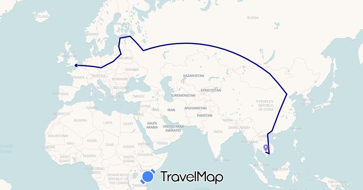 TravelMap itinerary: driving in China, Czech Republic, Estonia, United Kingdom, Cambodia, Lithuania, Latvia, Mongolia, Poland, Russia, Vietnam (Asia, Europe)